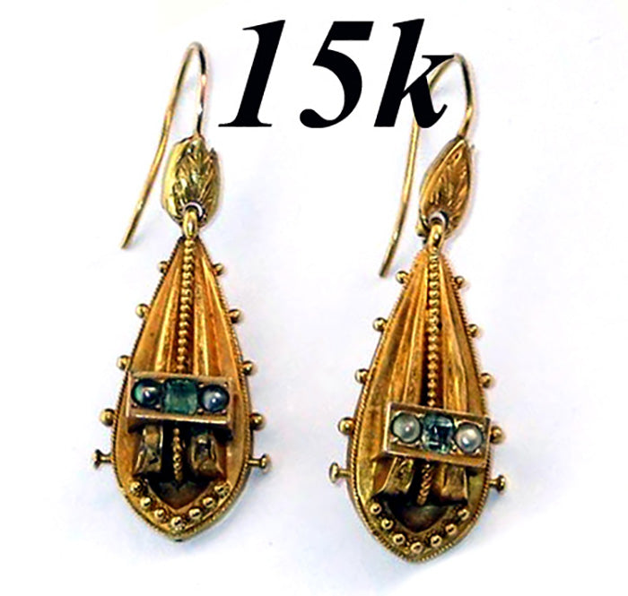 Antique Victorian 15K Gold, Tourmaline and Seed Pearl Earrings, Long Dangles, Etruscan Styling