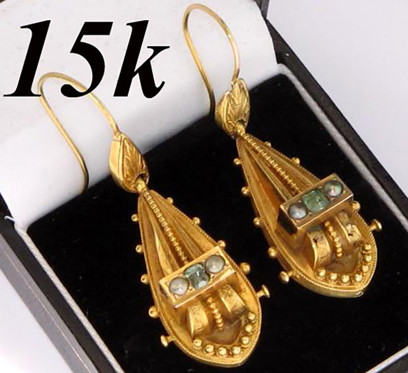 Antique Victorian 15K Gold, Tourmaline and Seed Pearl Earrings, Long Dangles, Etruscan Styling