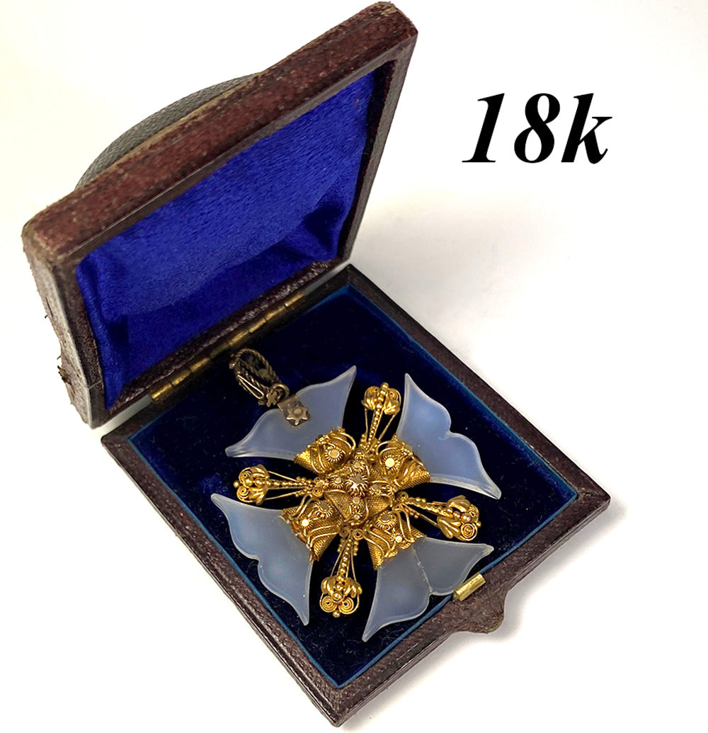 RARE! Antique 18k and Opaline Maltese Cross Pendant, in box, c.1780-1810 Cannetille, Hair Memento Locket