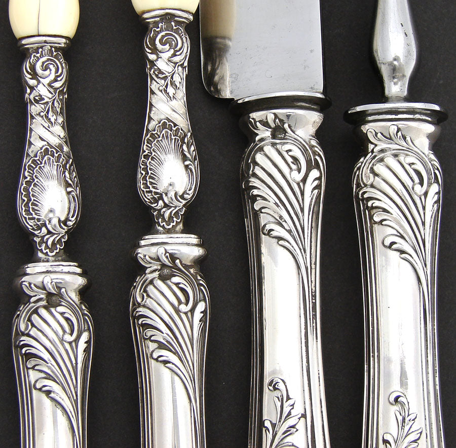 Antique French PUIFORCAT 'Louis XV' Pattern Sterling Silver 4pc Serving Utensil Set: Meat Carving & Salad Implements