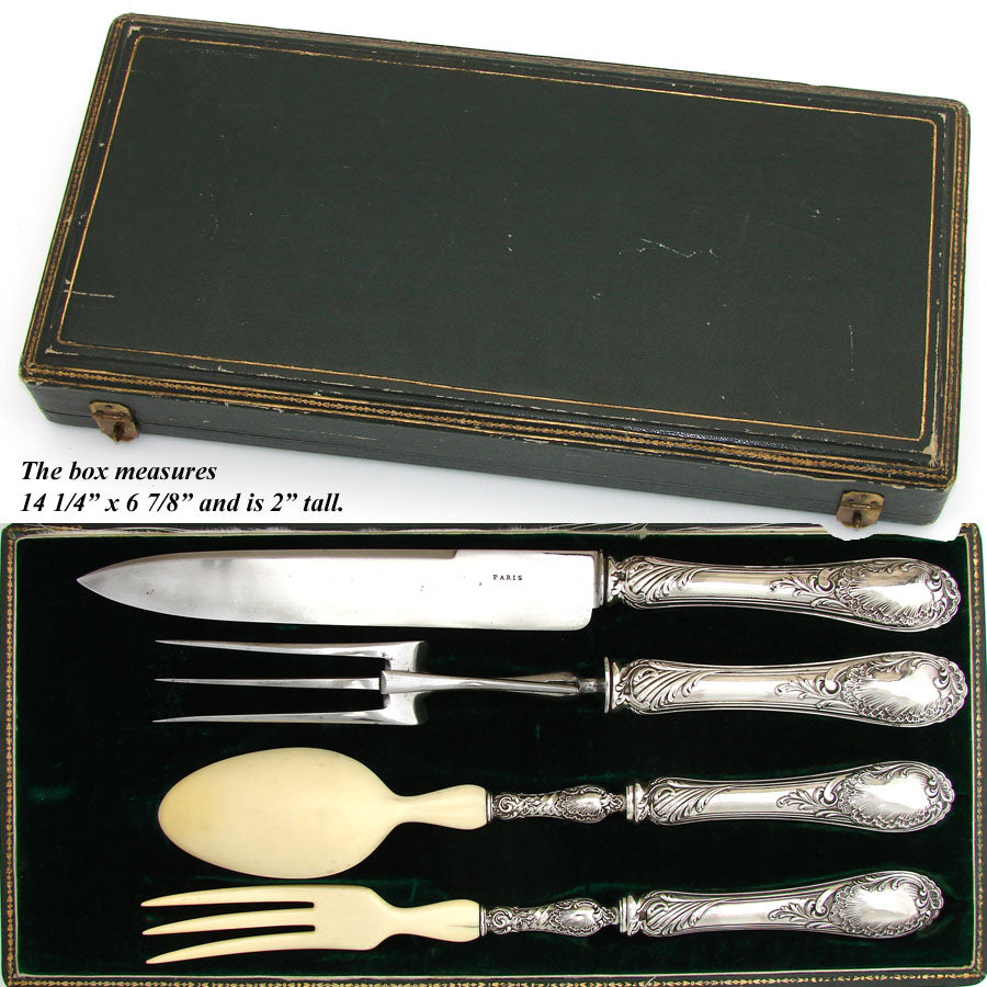 Antique French PUIFORCAT 'Louis XV' Pattern Sterling Silver 4pc Serving Utensil Set: Meat Carving & Salad Implements