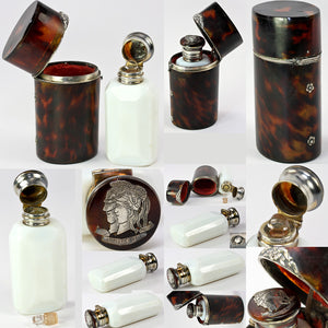 Antique Victorian Tortoise Shell Etui with Opaline Perfume Bottle - Tortoiseshell