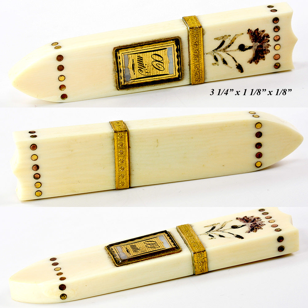 c.1700s Antique French Palais Royal Needle Case, 18k Gold on Ivory, Pique