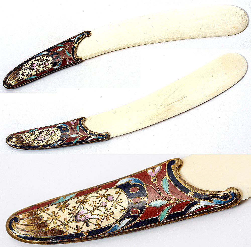 Antique French Champeve Enamel Handle Paper Knife, Letter Opener, Ivory Blade