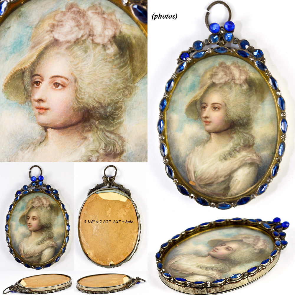 Antique English Portrait Miniature in Paste Gem Jeweled Frame, Mrs Siddons, Georgian Era