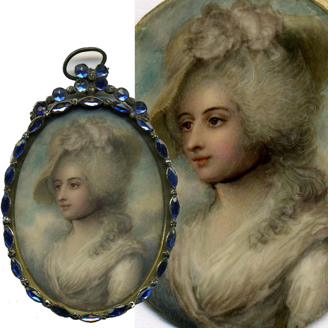 Antique English Portrait Miniature in Paste Gem Jeweled Frame, Mrs Siddons, Georgian Era