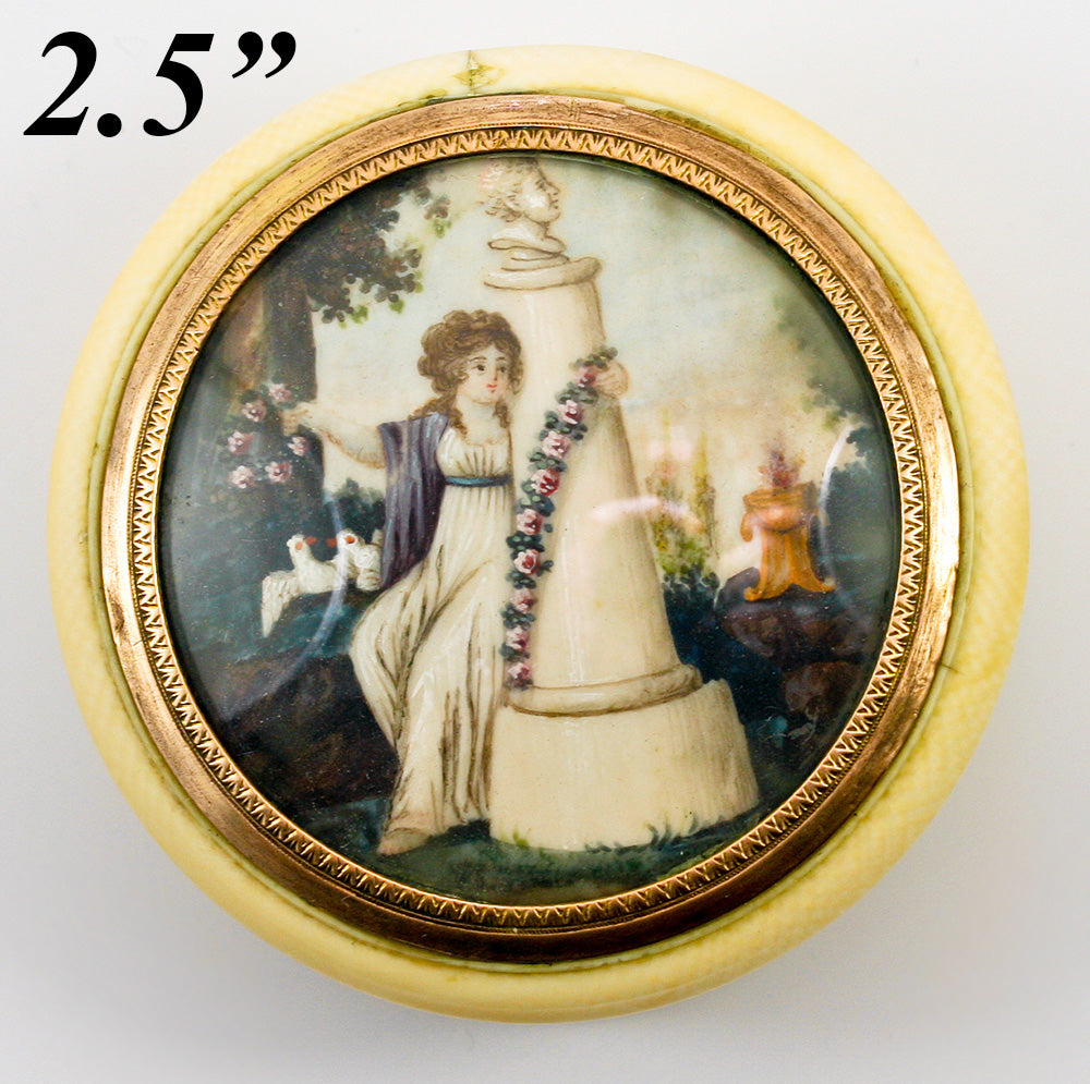 Antique 18th Century Mourning Patch or Snuff Box, Portrait Miniature w Tomb