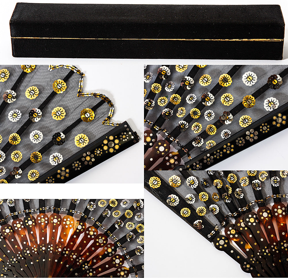 Antique French Pique Tortoise Shell and Sequin Brisé Hand Fan, in Box, Napoleon III, Victorian Era