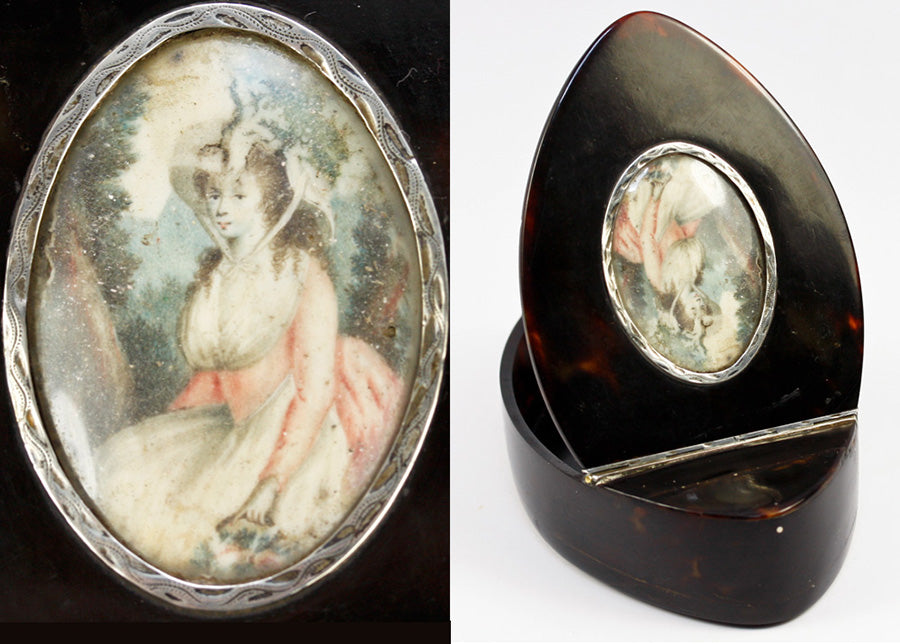 Antique c.1780-1820 French Snuff Box, Portrait Miniature on 4" Long Navette of Tortoise Shell