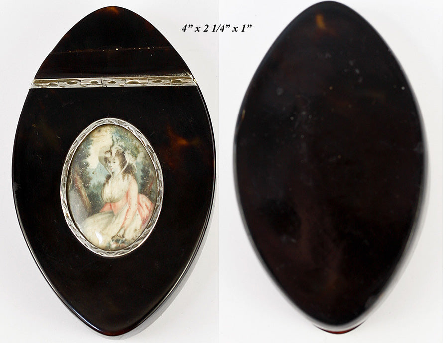 Antique c.1780-1820 French Snuff Box, Portrait Miniature on 4" Long Navette of Tortoise Shell