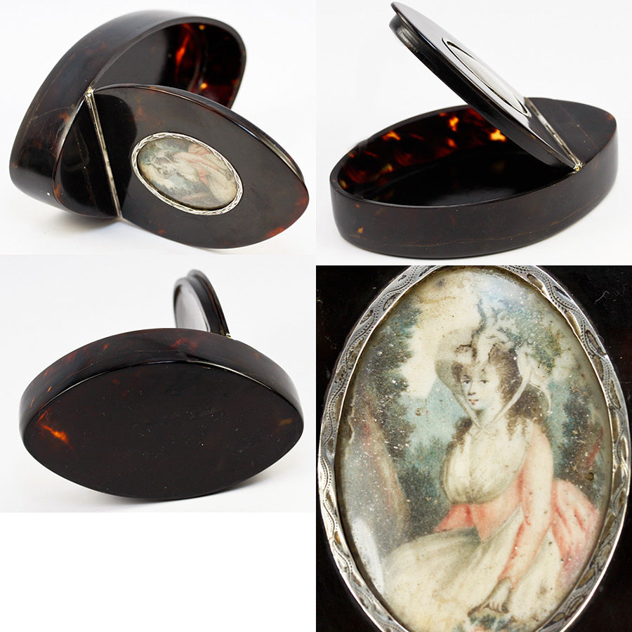 Antique c.1780-1820 French Snuff Box, Portrait Miniature on 4" Long Navette of Tortoise Shell