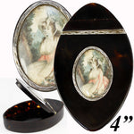 Antique c.1780-1820 French Snuff Box, Portrait Miniature on 4" Long Navette of Tortoise Shell