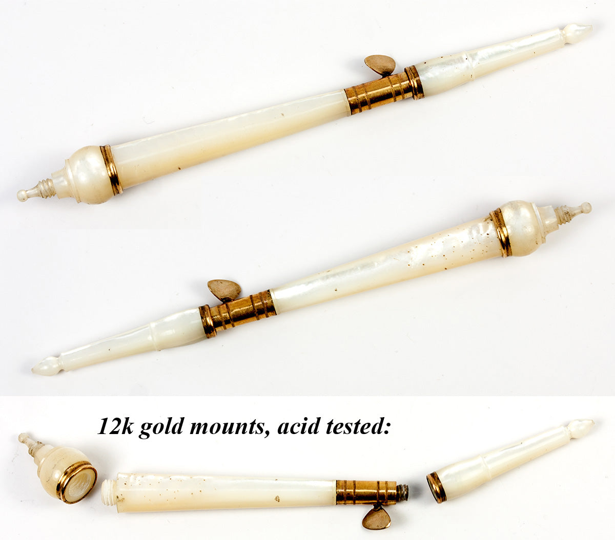 Antique French Crochet Hook, Tambour, Palais Royal Mother of Pearl, 12k Gold