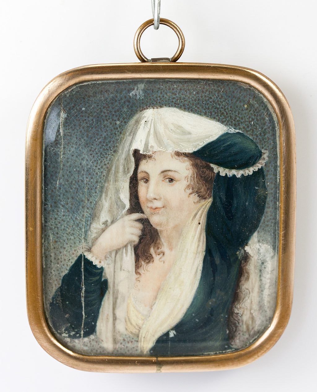 Antique French Portrait Miniature of a Young Woman, Holding a Veil Over Her Head, Frame