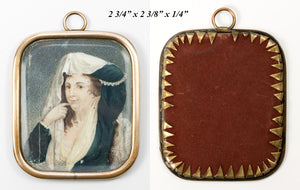 Antique French Portrait Miniature of a Young Woman, Holding a Veil Over Her Head, Frame