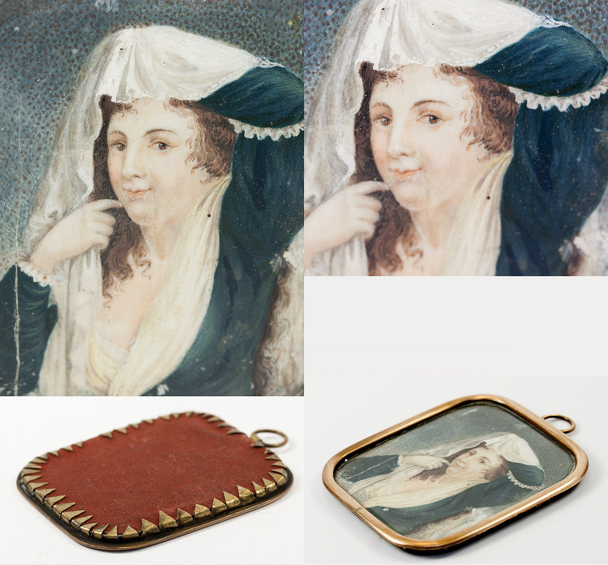 Antique French Portrait Miniature of a Young Woman, Holding a Veil Over Her Head, Frame