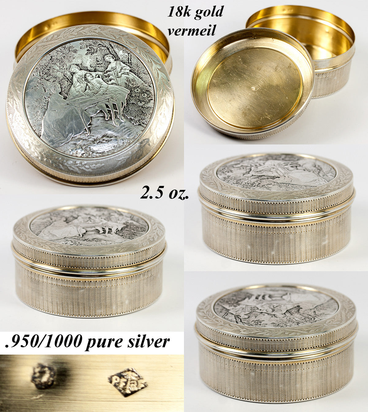 Antique c.1890s French Sterling Silver Vermeil (18k gold) Snuff or Powder Box, P. FREY, Silversmith