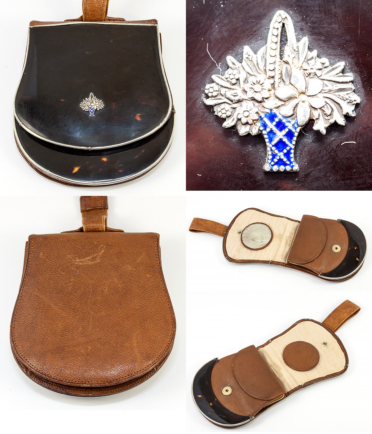 Antique Austrian Nissel & Sikora Evening Bag, Purse, Tortoise Shell, Leather, Kiln-fired Enamel & Sterling Silver