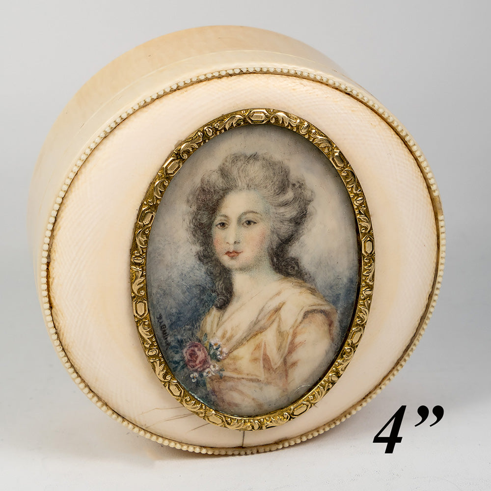 Antique French Powder Box, Ivory Table Snuff, 4" w Signed Portrait Miniature