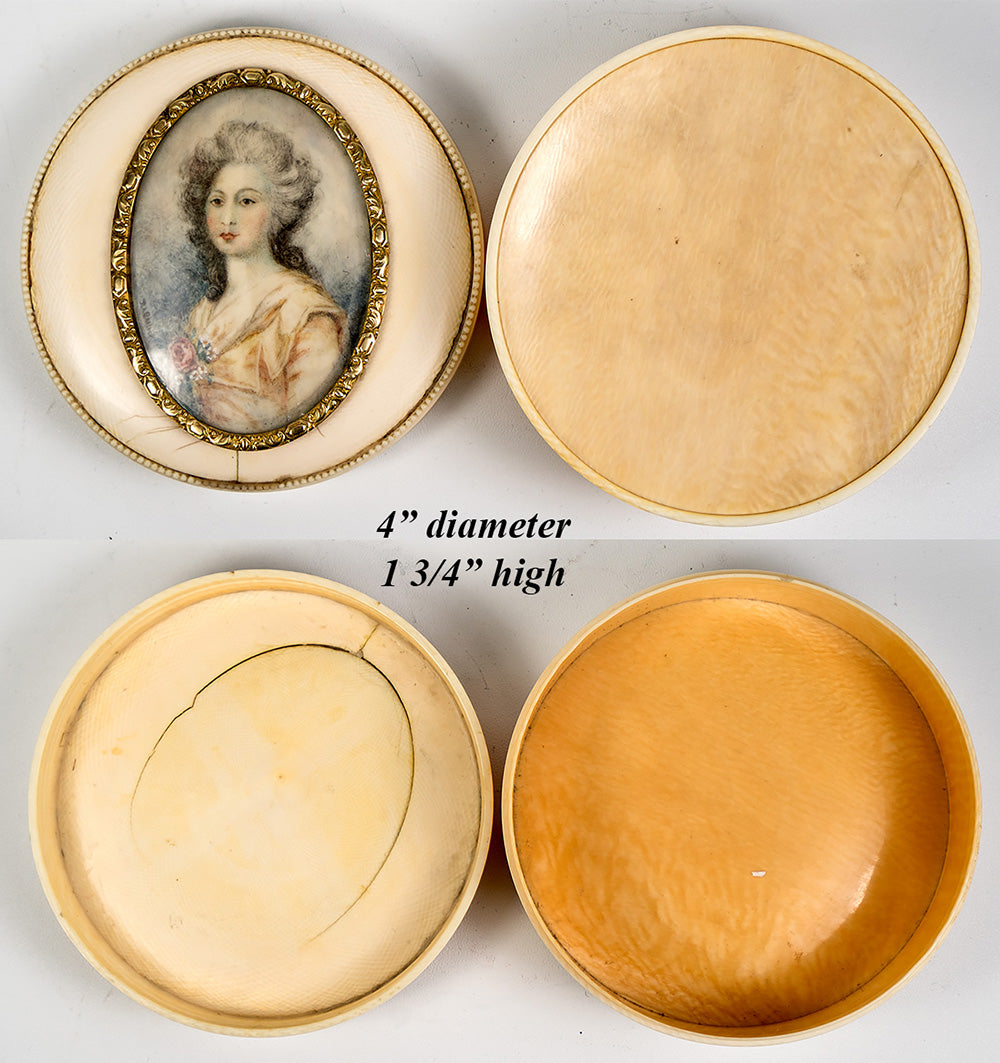 Antique French Powder Box, Ivory Table Snuff, 4" w Signed Portrait Miniature