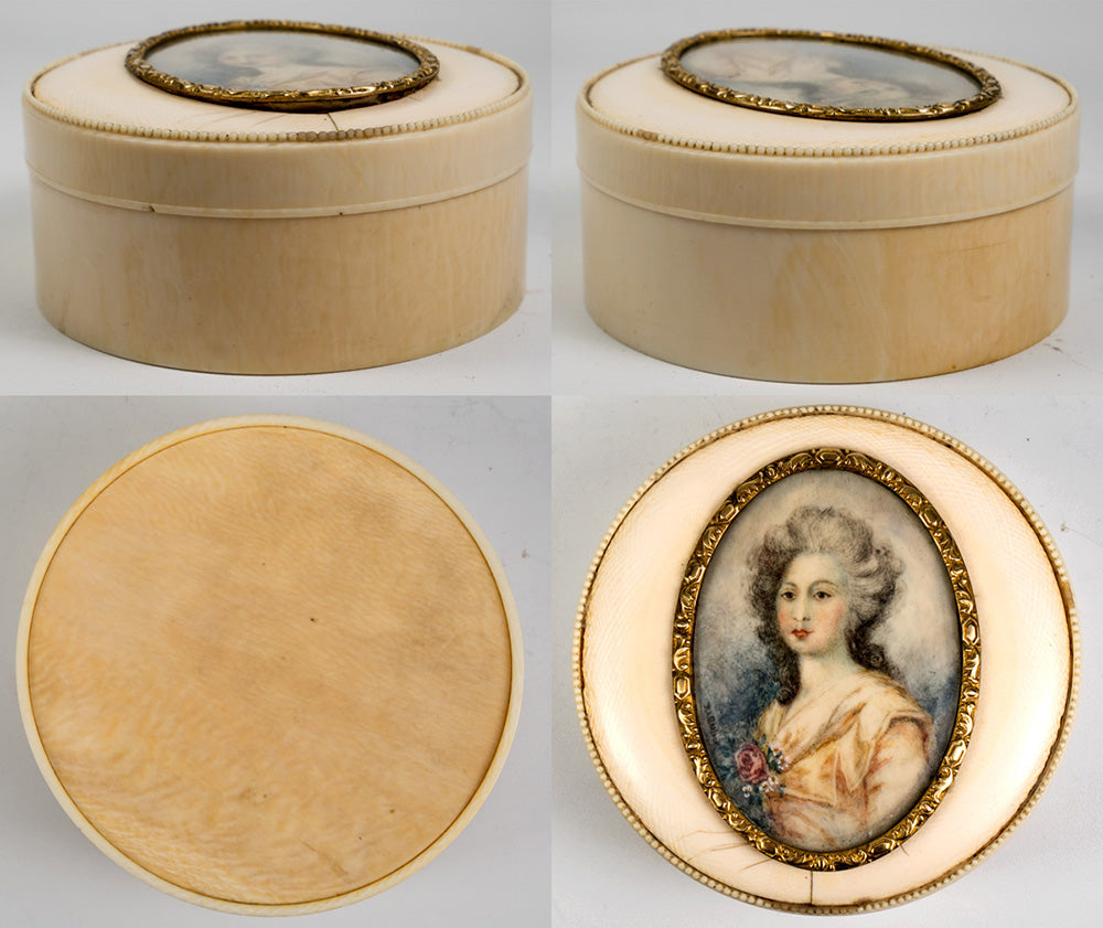 Antique French Powder Box, Ivory Table Snuff, 4" w Signed Portrait Miniature