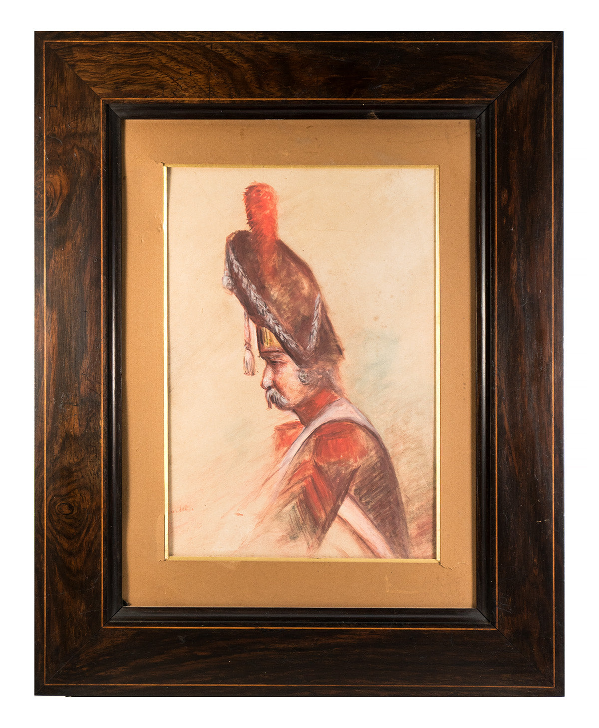 Pair (2) Antique to Vintage Pastel Portraits of Soldiers in Uniform, High Hats, French Walnut Frames w Lemonwood Stringing