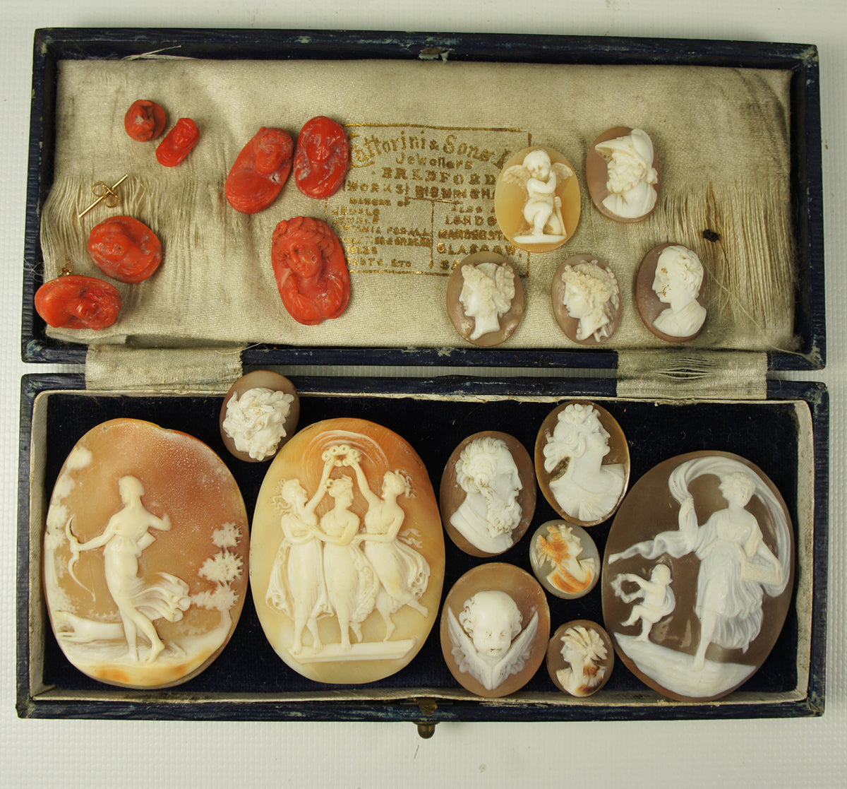 21 Antique Unmounted Victorian Era Italy Cameo, Group of 14 Shell and 7 Red Coral