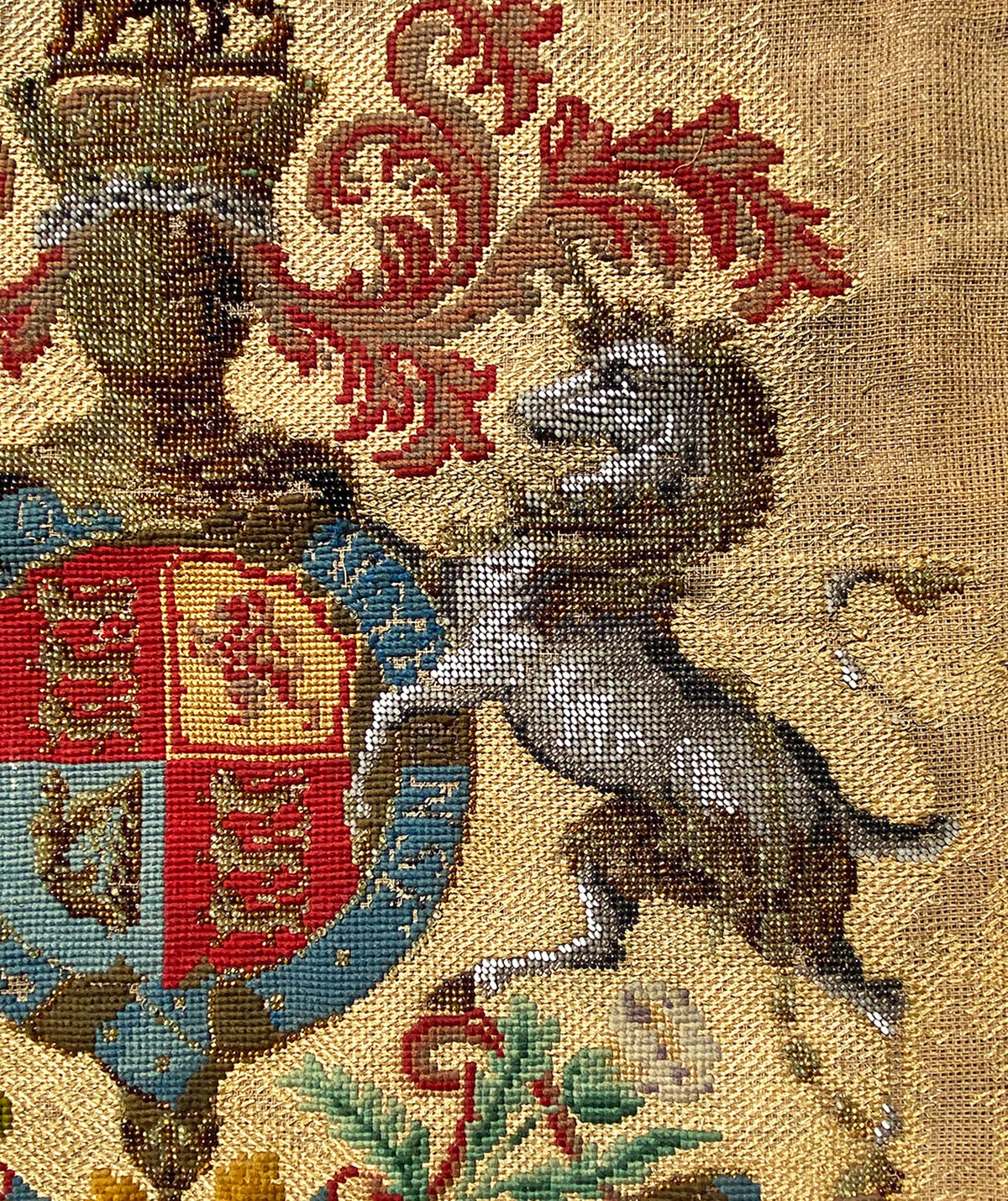 Antique Victorian Beadwork and Needlepoint Panel 18" x 19" UK Lion Unicorn Crest to Frame