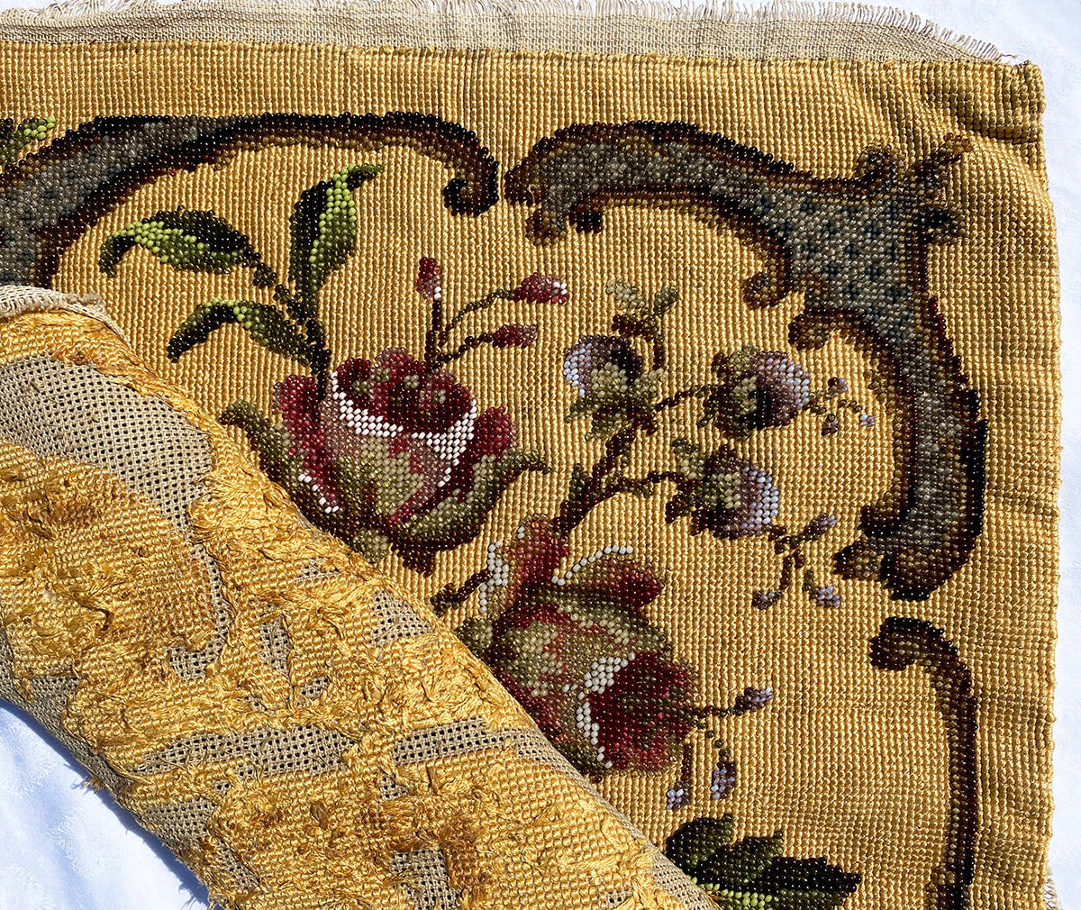 Antique 15" Square Victorian Glass Bead Beadwork Silk Needlepoint Fragment for Pillow