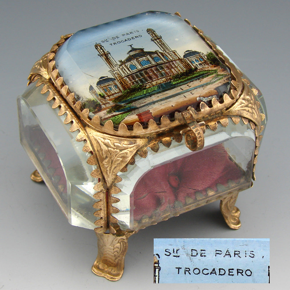 Antique French Grand Tour Eglomise Beveled Glass Souvenir Casket, Box, "Trocadero"