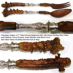 Antique 11.5" Salad Serving Set, Black Forest Style Carved Antler Handles, Gent & Dog