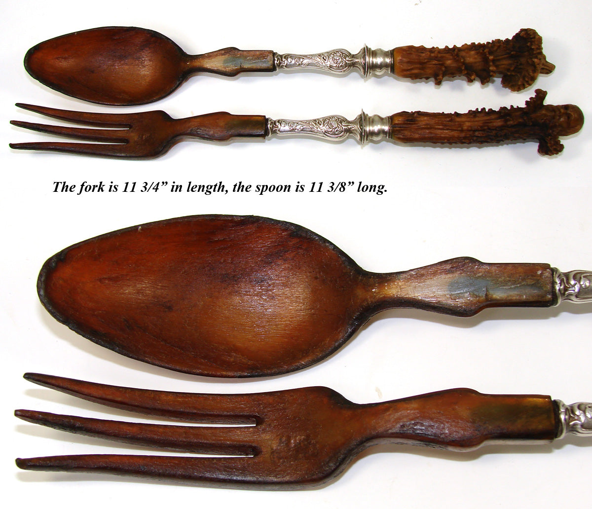 Antique 11.5" Salad Serving Set, Black Forest Style Carved Antler Handles, Gent & Dog