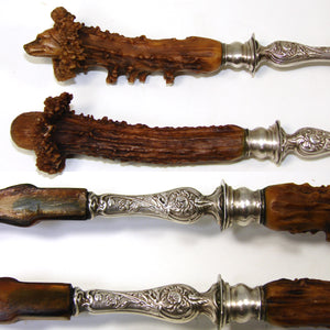 Antique 11.5" Salad Serving Set, Black Forest Style Carved Antler Handles, Gent & Dog