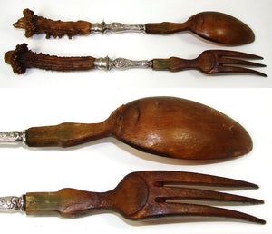 Antique 11.5" Salad Serving Set, Black Forest Style Carved Antler Handles, Gent & Dog