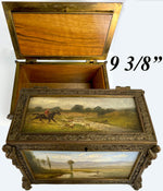 Antique French 19th c. Neo-Gothic Cigar Box, Chest, Humidor, 5 Hunt Theme Oil Paintings