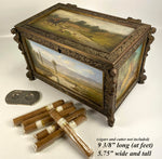 Antique French 19th c. Neo-Gothic Cigar Box, Chest, Humidor, 5 Hunt Theme Oil Paintings