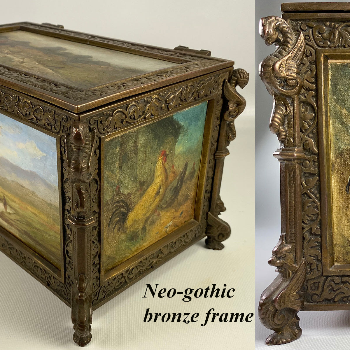 Antique French 19th c. Neo-Gothic Cigar Box, Chest, Humidor, 5 Hunt Theme Oil Paintings