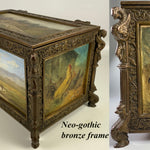 Antique French 19th c. Neo-Gothic Cigar Box, Chest, Humidor, 5 Hunt Theme Oil Paintings