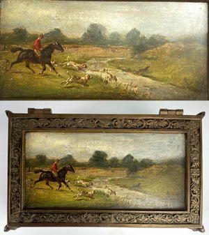 Antique French 19th c. Neo-Gothic Cigar Box, Chest, Humidor, 5 Hunt Theme Oil Paintings