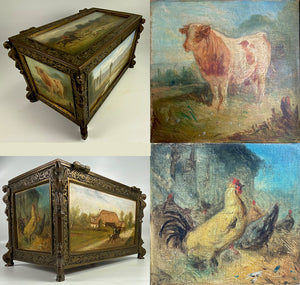 Antique French 19th c. Neo-Gothic Cigar Box, Chest, Humidor, 5 Hunt Theme Oil Paintings