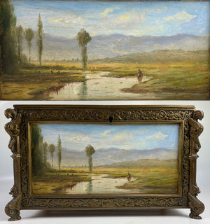 Antique French 19th c. Neo-Gothic Cigar Box, Chest, Humidor, 5 Hunt Theme Oil Paintings