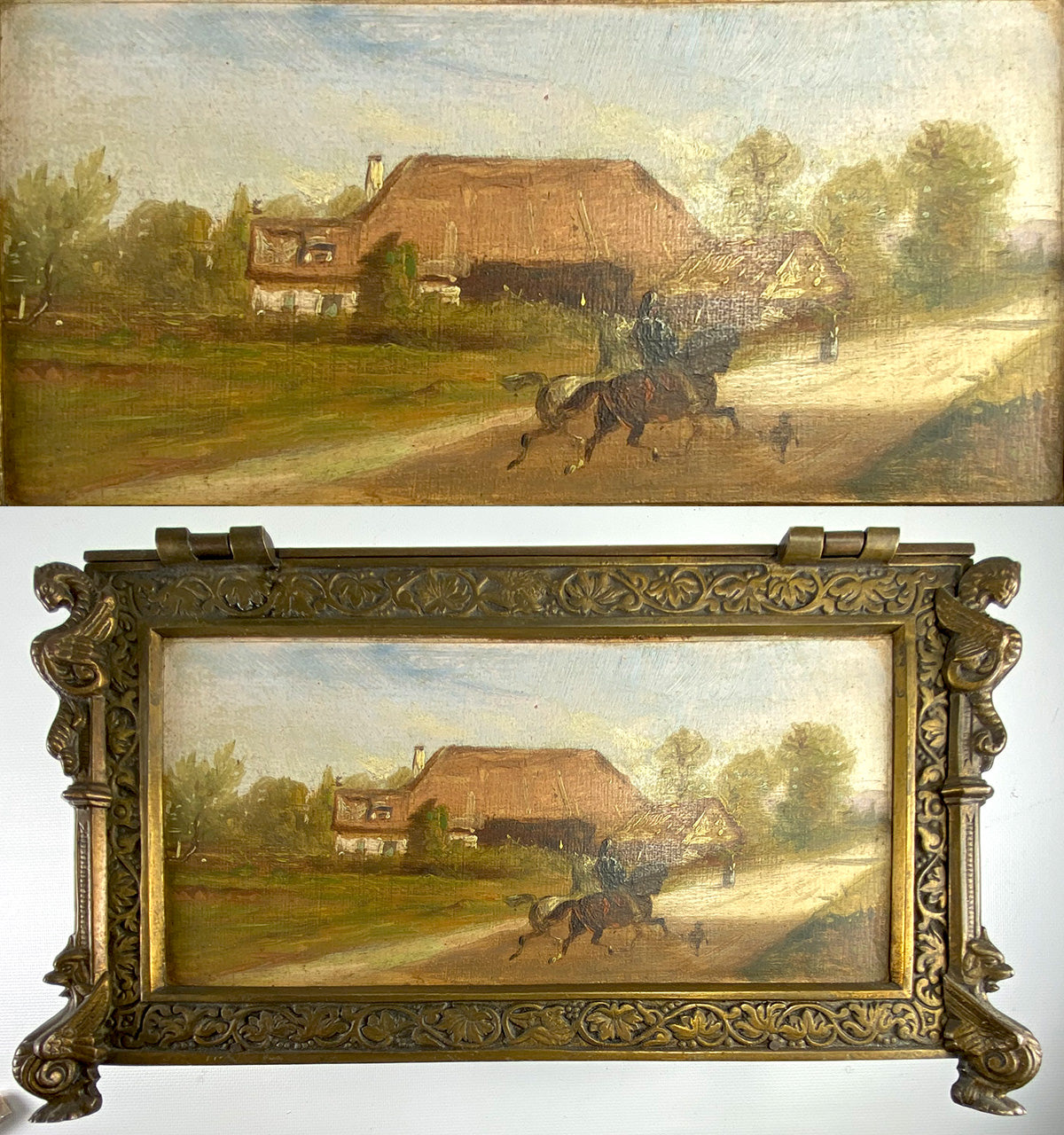 Antique French 19th c. Neo-Gothic Cigar Box, Chest, Humidor, 5 Hunt Theme Oil Paintings