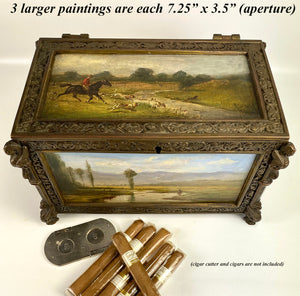 Antique French 19th c. Neo-Gothic Cigar Box, Chest, Humidor, 5 Hunt Theme Oil Paintings