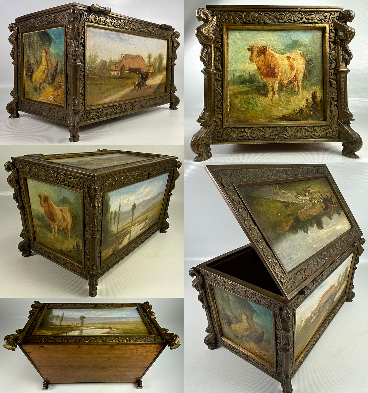 Antique French 19th c. Neo-Gothic Cigar Box, Chest, Humidor, 5 Hunt Theme Oil Paintings