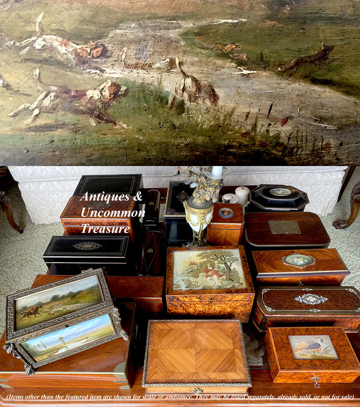 Antique French 19th c. Neo-Gothic Cigar Box, Chest, Humidor, 5 Hunt Theme Oil Paintings