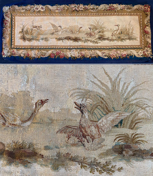 Antique French 65" x 27" Tapestry, Aubusson or Beauvais, Dog and Waterfowl, Opulent Border, c.1770-1830