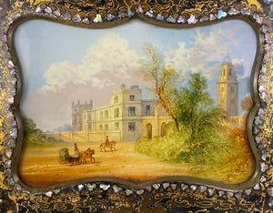 Antique English Victorian  Papier Mache Frame, Elaborate Eglomise of a Castle and Carriage, 12.5" x 10"