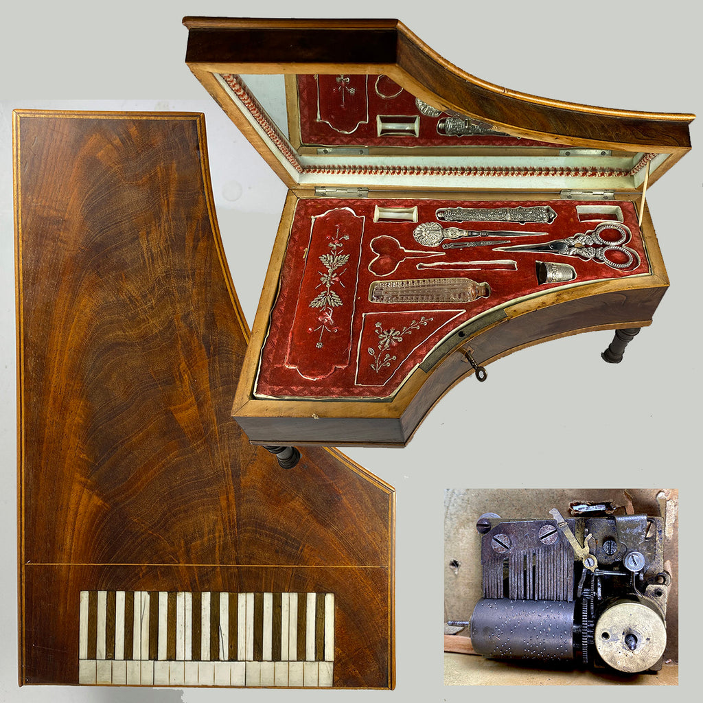 Antique French Palais Royal Piano Sewing Box, c.1790-1830, Music Box Plays, Jewelry Casket