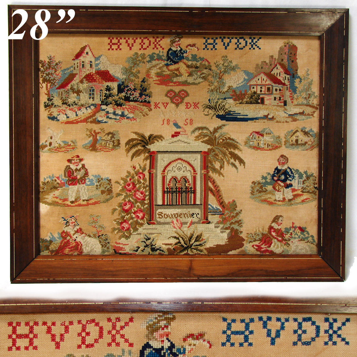 Antique Victorian Needlepoint Tapestry, Sampler, 28.5" Rosewood Frame: 1858 "Souvenir" with Tomb