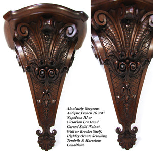 Gorgeous Antique French Carved Solid Walnut Wall, Clock or Bracket Shelf, Scrolled Acanthus